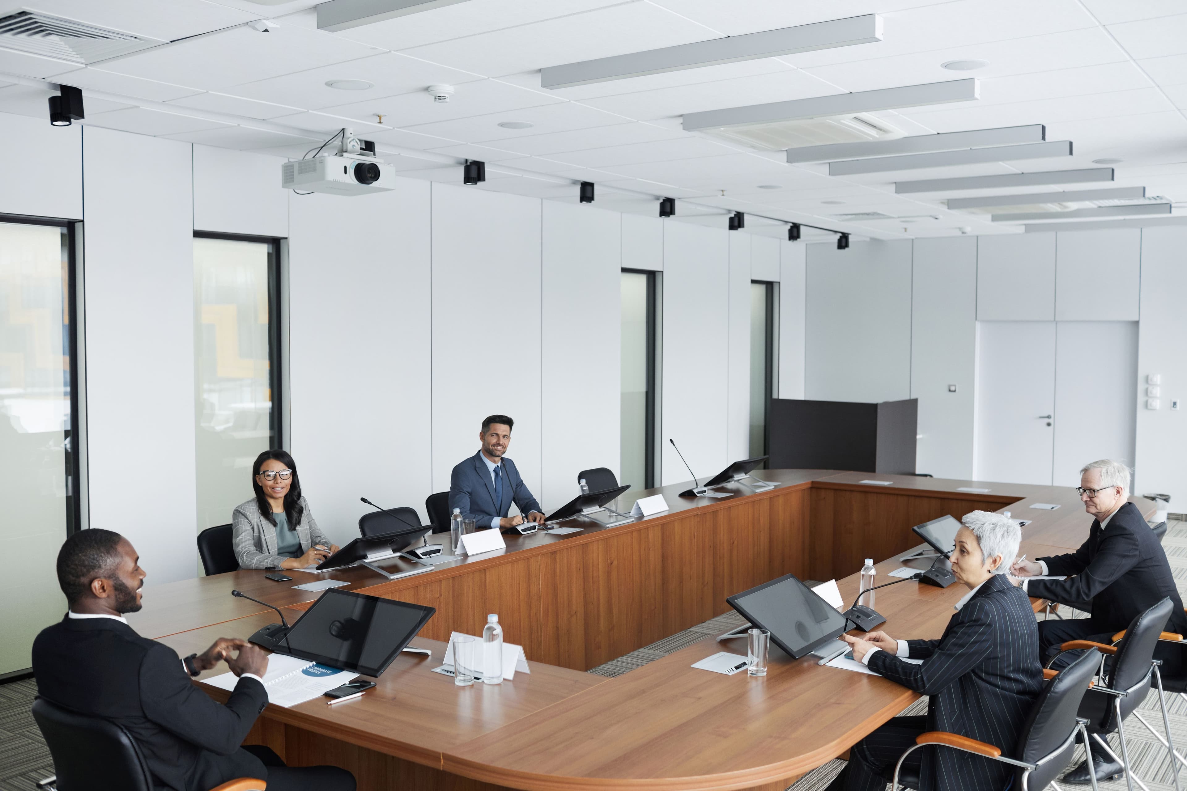 A multicultural group of professionals in a business meeting