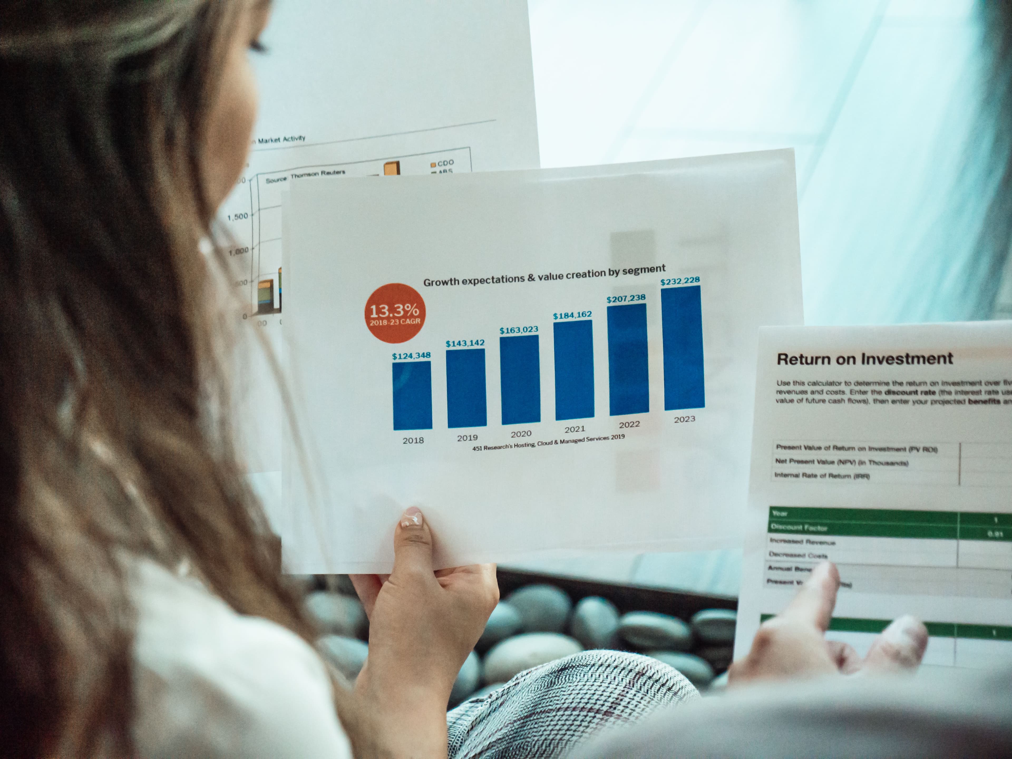 A person analyzing financial graphs and ROI reports on paper
